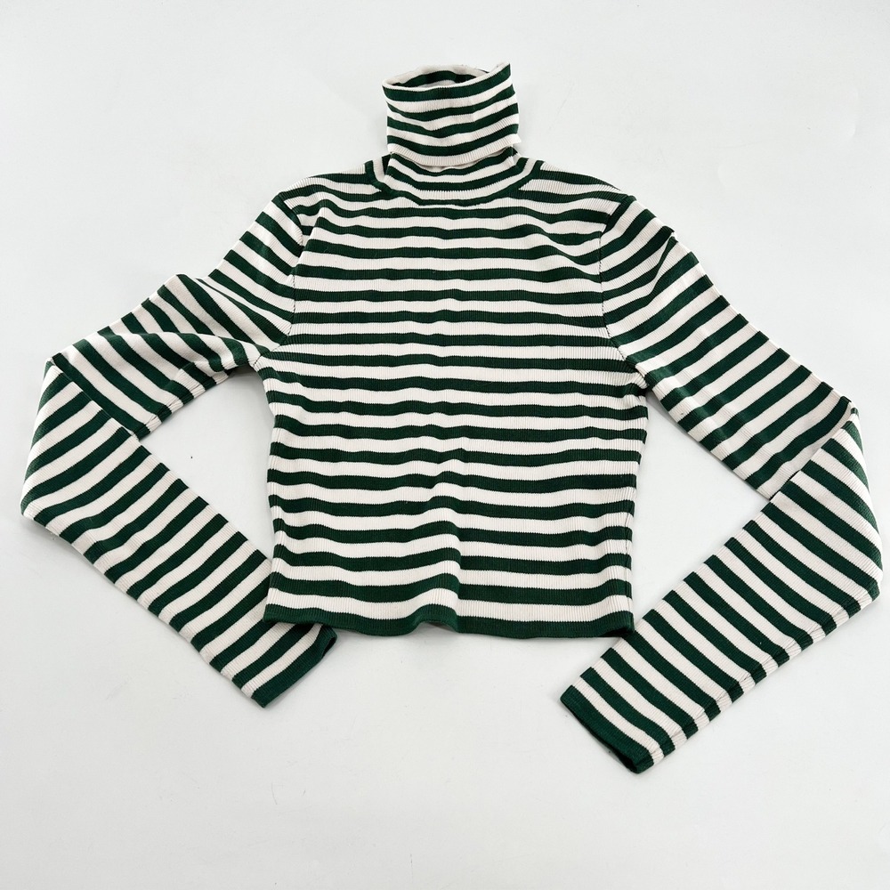 Zara Womens Green White Striped Ribbed Turtleneck Long Sleeve Crop Top Small - Picture 2 of 5